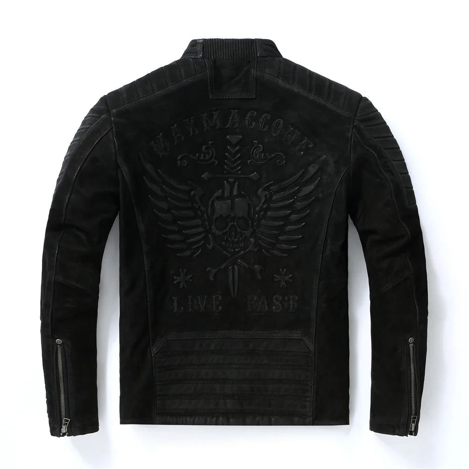 Black Winter Leather Jacket Men Vintage Style Plus Size 3XL Genuine Natural Thick Cow Suede Stand Collar Skulls Pattern Coat