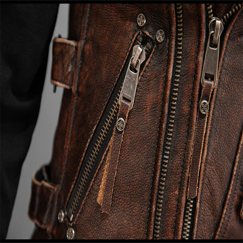 Men Red Brown Leather Biker Vest Vintage Distressed Asymmetrical Zip Sleeveless Jacket Punk Rock Studded Multi-Pocket Waistcoat