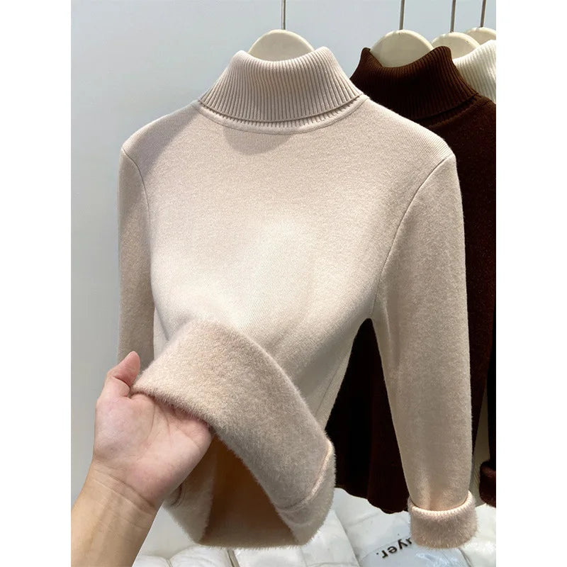 Thickened High Collar One-Piece Fleece Knitted Sweater Women Winter Slim Fit Inner Wear Fashionable Basic Style Base Shirt