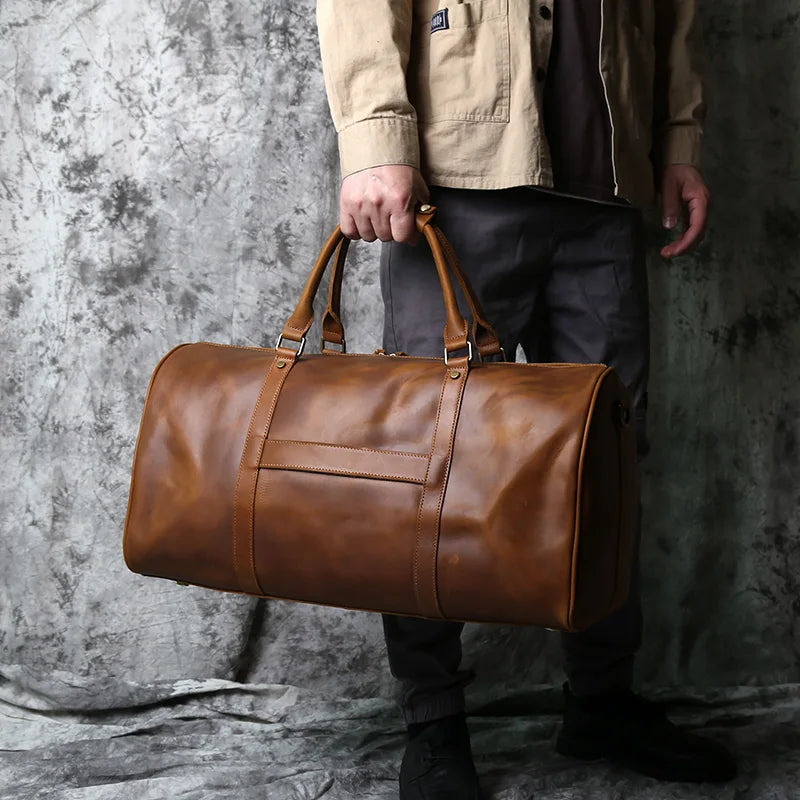 NZPJ Men's Retro Leather Large-capacity Travel Bag Crazy Horse Leather Handbag Top Layer Cowhide Business Trip Shoulder Bag
