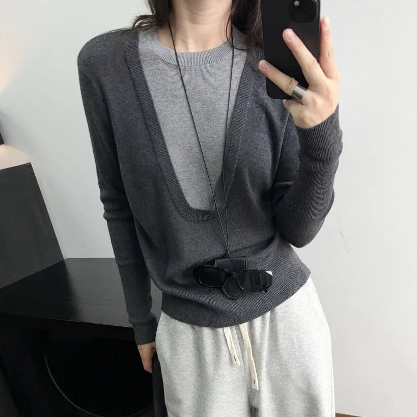 Andy Velvet Washed Large U-Neck Layered Slim Fit Knitwear Design Sensation Color Block Autumn Winter Top Polo Collar Sleeveless