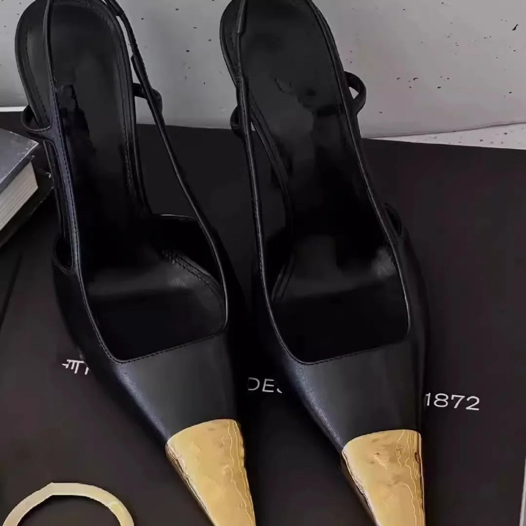 Metallic Square Toe High Heels Black Low Cut Single Shoes Versatile for Autumn Winter Season Sexy Style Fastest Shipping Avai...