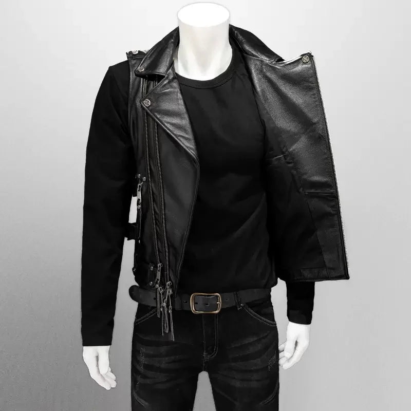Men Red Brown Leather Biker Vest Vintage Distressed Asymmetrical Zip Sleeveless Jacket Punk Rock Studded Multi-Pocket Waistcoat