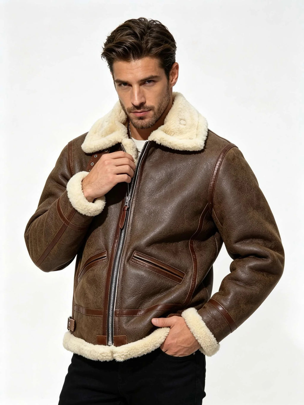 Dark Brown Winter Shearling Jacket Men Retro Style Plus Size 4XL Genuine Natural Thick Sheepskin Turn-Down Collar Flight Coat
