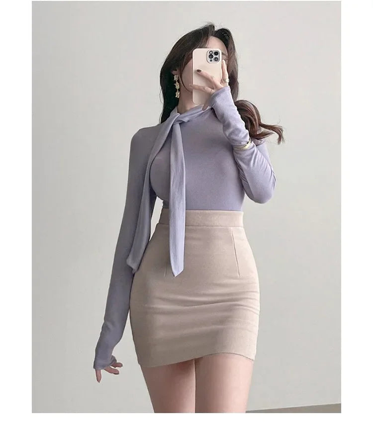 Korean Style Women's Long Sleeve T-Shirt Bow Design Halter Neck Slim Fit Comfortable Base Shirt Cotton Spring Summer Top