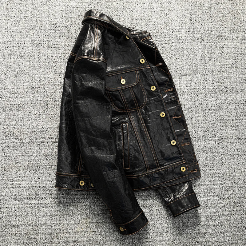Black Autumn Leather Jacket Men Retro Style Plus Size 5XL Genuine Natural Sheepskin Turn-Down Collar Single Breasted Denim Coat