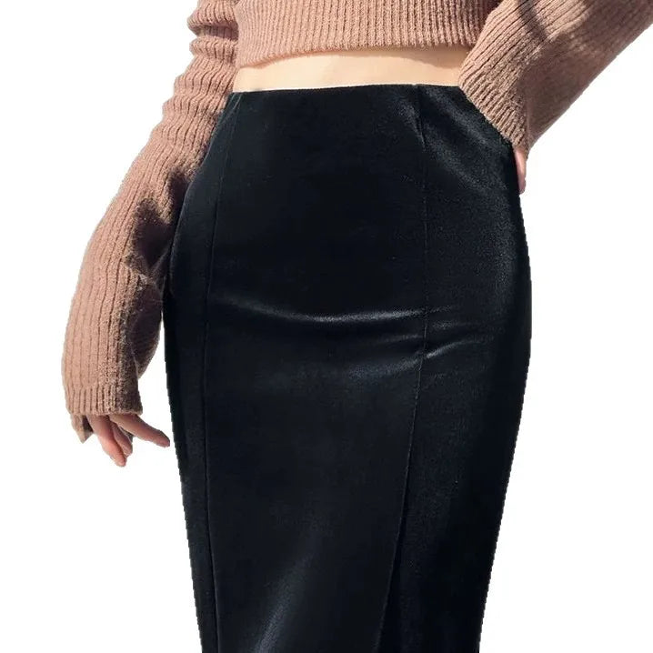 Elegant Long Velvet Skirt Women's High Waist Slim Fit Fish Tail Hem Draping Slimming Full Length Half Body Skirt
