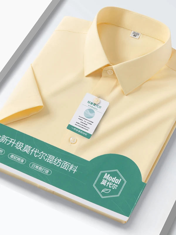 Iron-Free Ice Silk Modal Men's Business Style Slim Fit Short Sleeve Shirt Pure Color Breathable Comfortable Office Work Shirt