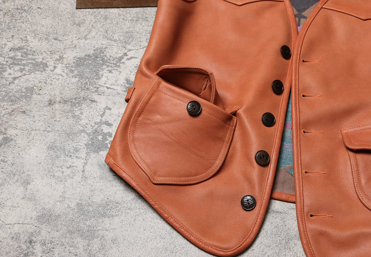 Orange Autumn Leather Vest Men Retro Style Plus Size 5XL Genuine Natural Cowhide Short Single Breasted Sleeveless Spliced Coat