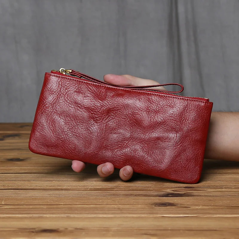 NZPJ Vintage Genuine Leather Long Wallet Top-Grain Cowhide Men's Clutch Women's Large Capacity Phone Bag