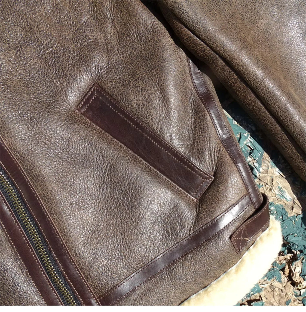 Dark Brown Winter Shearling Jacket Men Retro Style Plus Size 5XL Genuine Natural Thick Sheepskin B6 Bomber Flight Coat