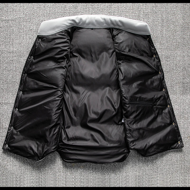 White Winter Leather Down Vest Men Casual Style Plus Size 5XL Genuine Natural Cowhide Thick Warm Single Breasted Vest