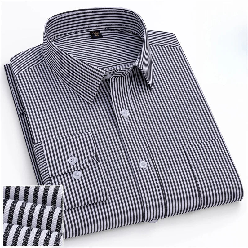 Men Formal Shirt Long Sleeve Office Solid Color Striped Fashion Business Pocket White Social Shirt Men's Clothing 5XL 6XL
