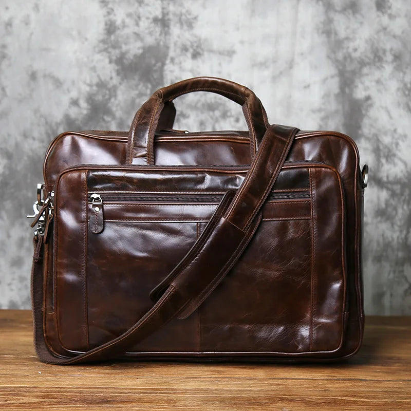 NZPJ Vintage Top Layer Cowhide Leather Men's Briefcase Large Capacity Handbag Business Casual Single Shoulder Slant Computer Bag