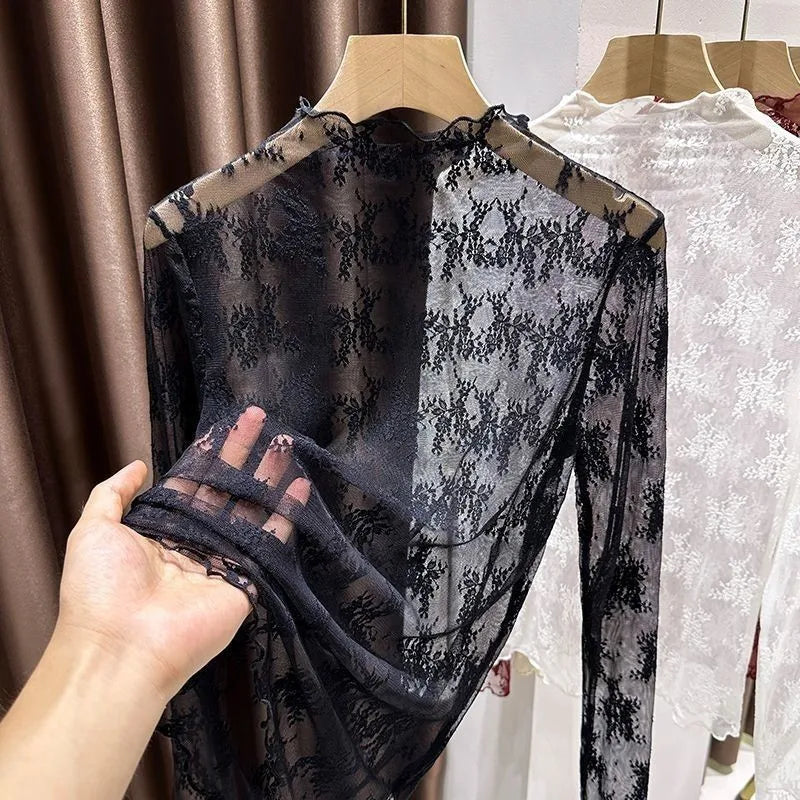 Elegant High Collar Lace Base Shirt Women's Inner Wear Hollow out Mesh Top Trendy Autumn New Style Stackable Collar