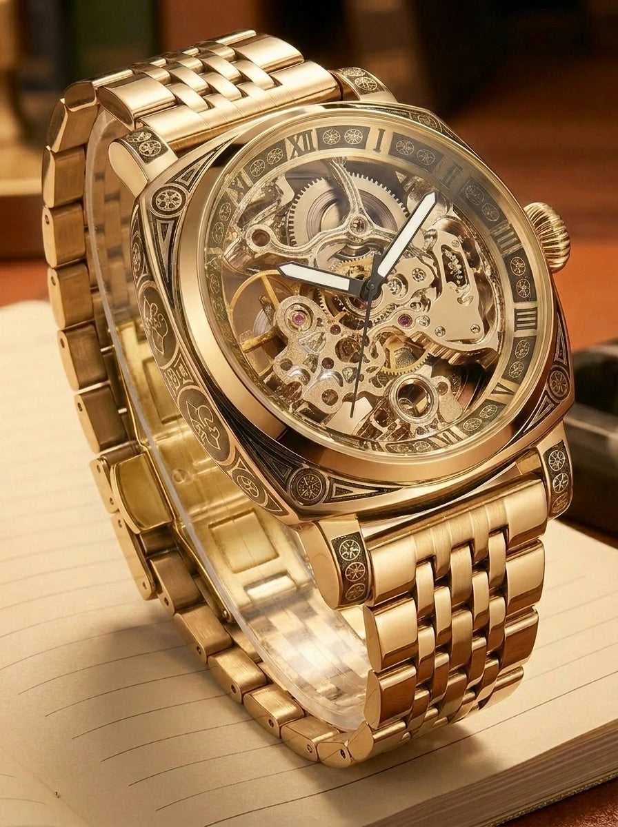 A men's fashion gentlemen's elegant pentagram rose gold and steel mechanical watch