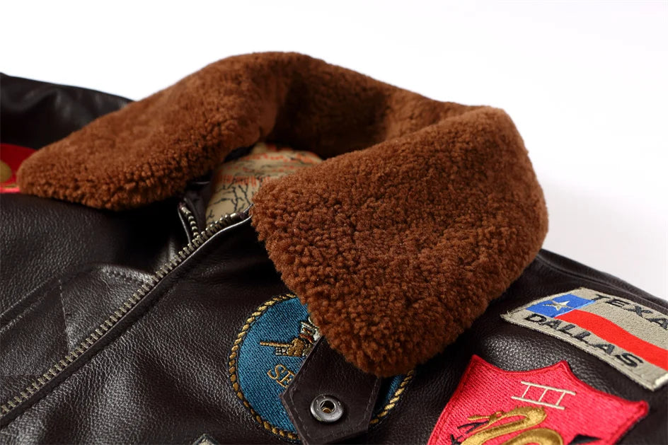 Black Winter Leather Jacket Men Retro Style Europe Size Genuine Natural Thick Cowhide Turn-Down Collar G1 Flight Coat