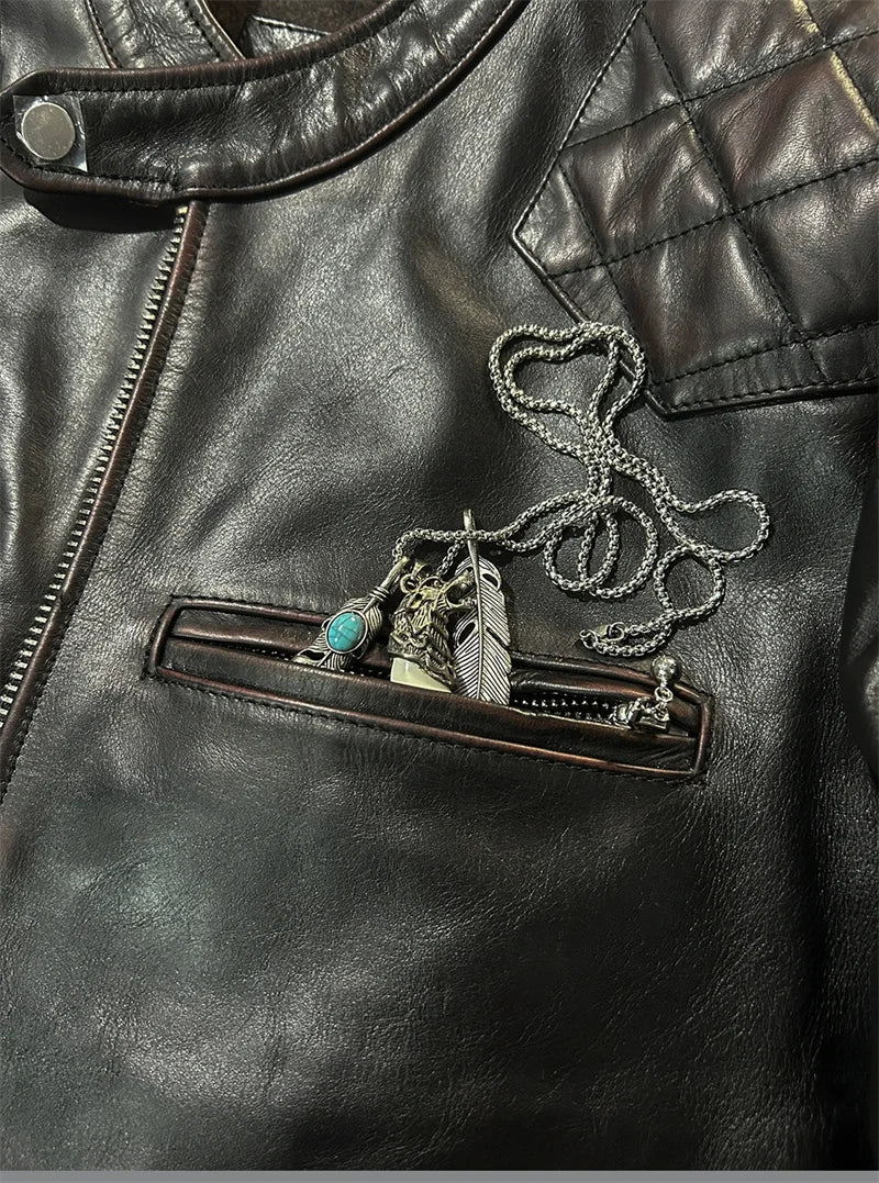Black Winter Leather Jacket Men Vintage Style Plus Size 5XL Genuine Natural Cowhide Stand Collar Slim Fit Leather Coat