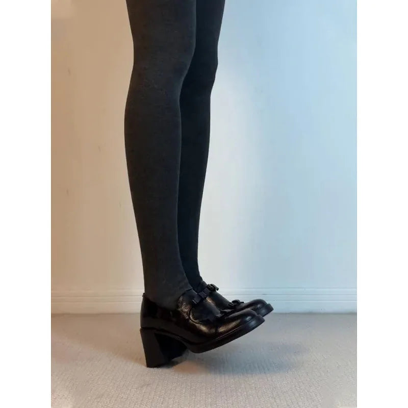 Soft Cowhide British Style round Toe High Heel Women's Slip-On Chunky Heel Shoes Elegant Versatile Loafers for All Seasons