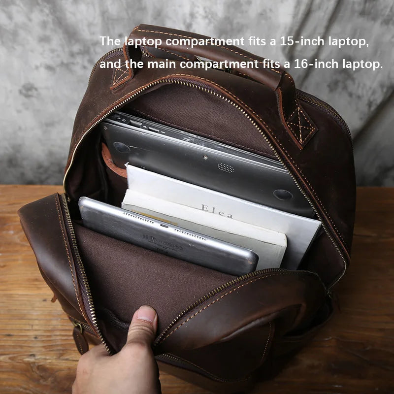 NZPJ Vintage Genuine Leather Men's Backpack Top-Grain Cowhide Large-Capacity Travel Backpack Crazy Horse Leather  Laptop Bag