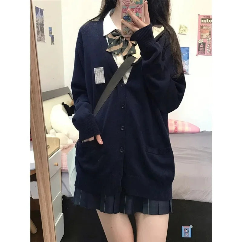 Women's Autumn/Winter Japanese Style Knitted Cardigan Sweater Preppy Style Long Sleeve Loose-Fit Top Layered Polo Collar