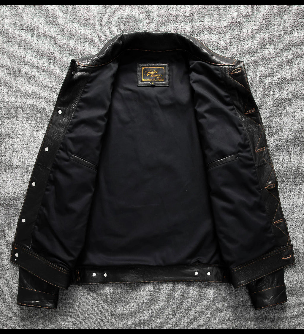 Men's Genuine Sheepskin Leather Trucker Jacket Black Type III Denim Cut Cream Contrast Stitch Brass Snap Short Casual Coat