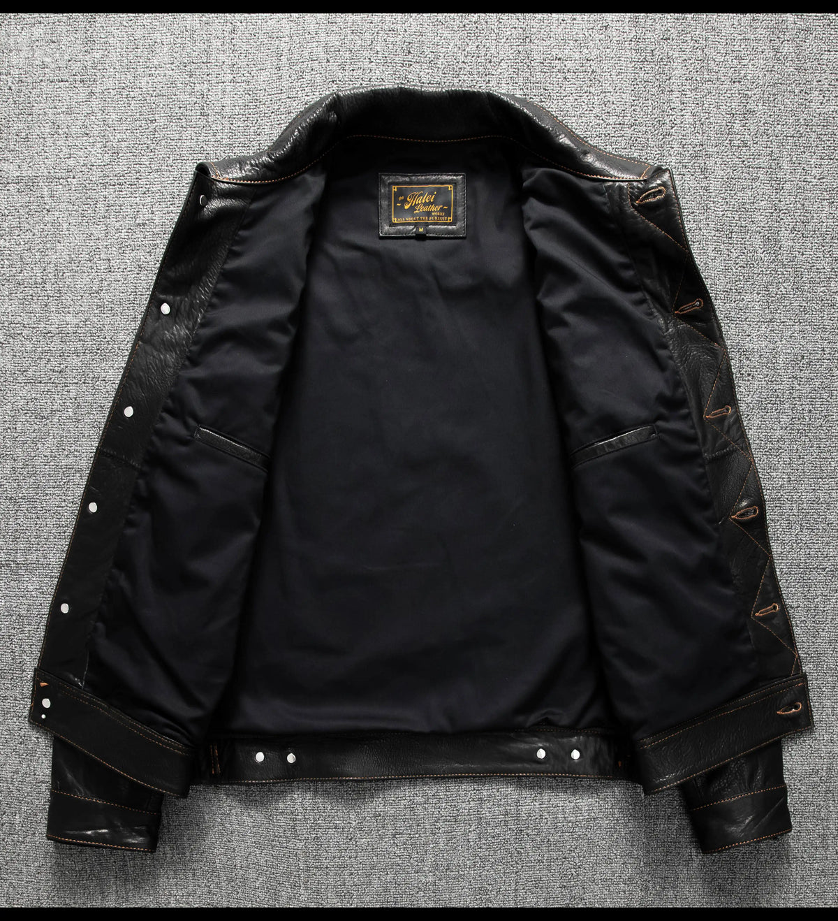 Men's Genuine Sheepskin Leather Trucker Jacket Black Type III Denim Cut Cream Contrast Stitch Brass Snap Short Casual Coat