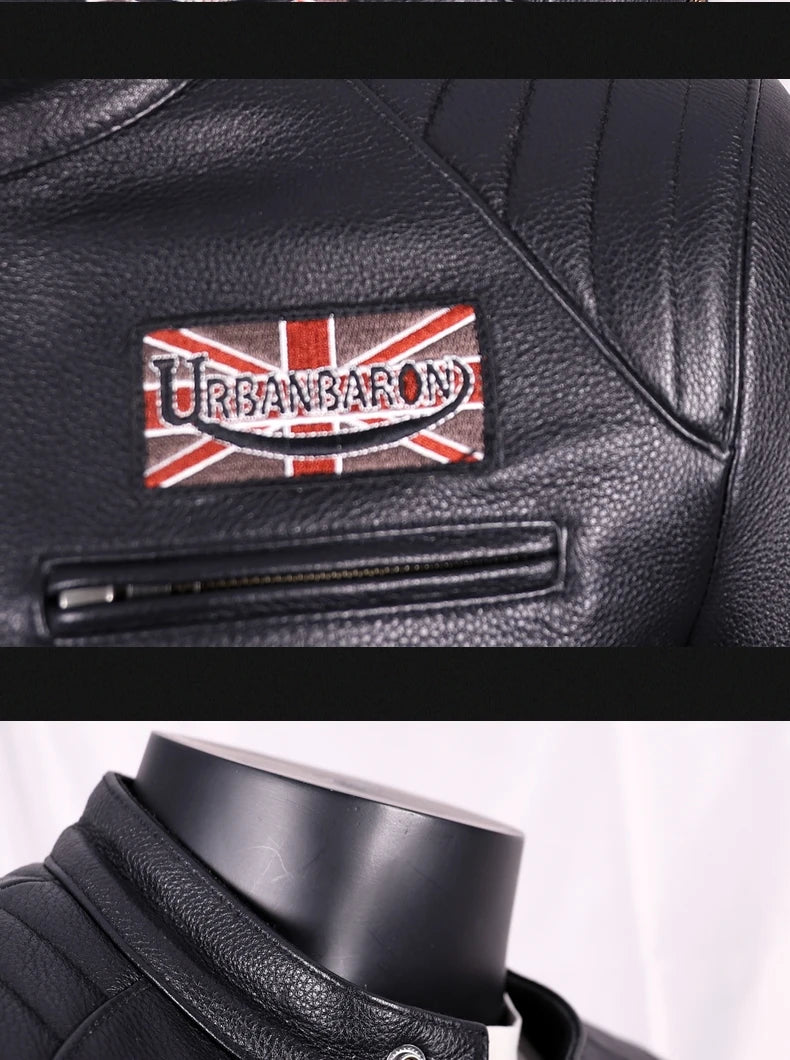 Black Autumn Leather Jacket Men Sports Style Plus Size 5XL Genuine Natural Cowhide Stand Collar Slim Fit Short Coat