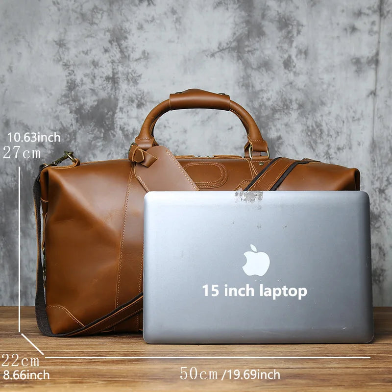 NZPJ Vintage Genuine Leather Men's Travel Bag, Large Capacity Luggage Bag, Crazy Horse Leather Handbag, Natural Cowhide Crossbod