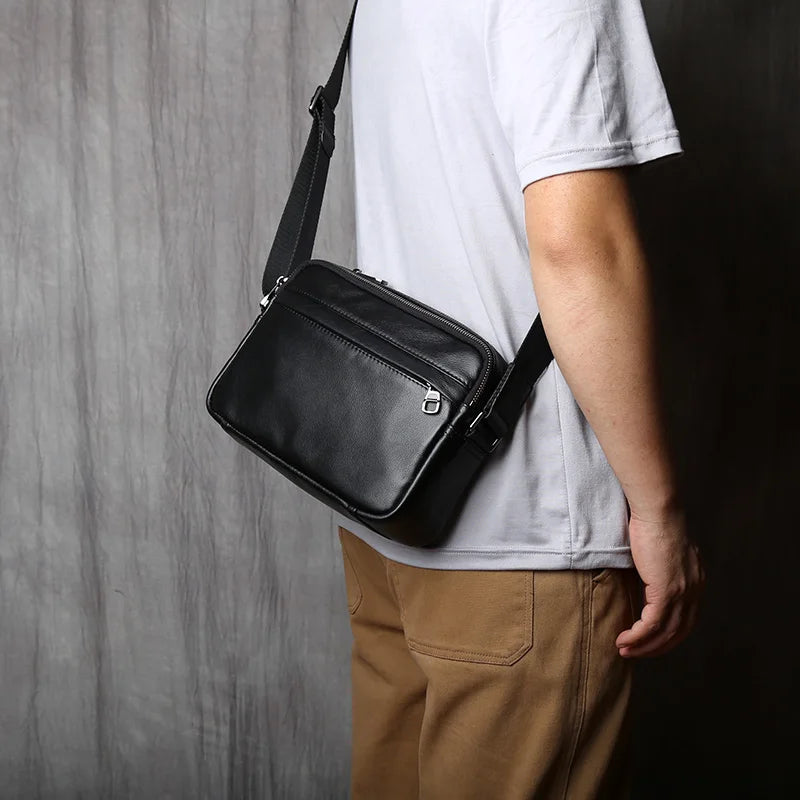 NZPJ Casual Leather Men Shoulder Bag Natural Cowhide Messenger Bag Large Capacity Business Solid Color Backpack for 10-inch Ipad
