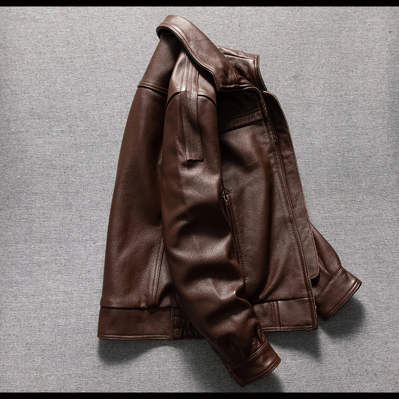 Men's Brown Leather Jacket  Vintage Flight Jacket with Stand Collar, Military Style, Front Zipper, Sleeve Pocket, Ribbed Hem