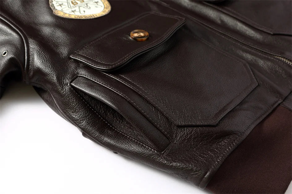 Dark Brown Pilot Leather Jacket Men Retro Style Genuine Natural Thick Cowhide Wool Collar Winter Military G1 Flight Coat