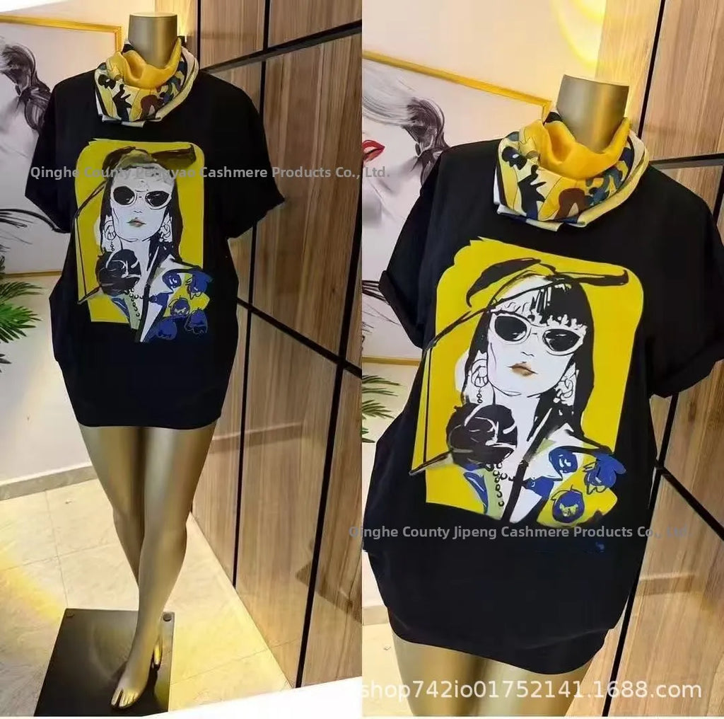 Loose Fit Embroidered Cotton T-Shirt Women's Shoulder Width round Neck Print Short Sleeve Cross-Border Half Sleeve Street Style