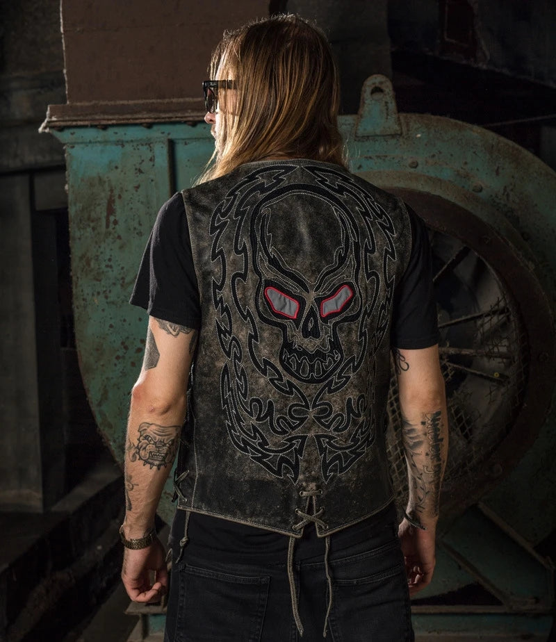 Black Spring Leather Vest Men Skull Embroidery Retro Style Plus Size 5XL Genuine Natural Cowhide Single Breasted Sleeveless Coat