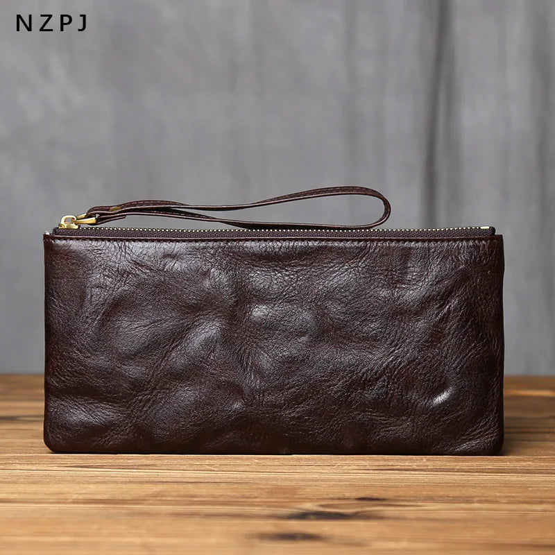 NZPJ Vintage Genuine Leather Long Wallet Top-Grain Cowhide Men's Clutch Women's Large Capacity Phone Bag