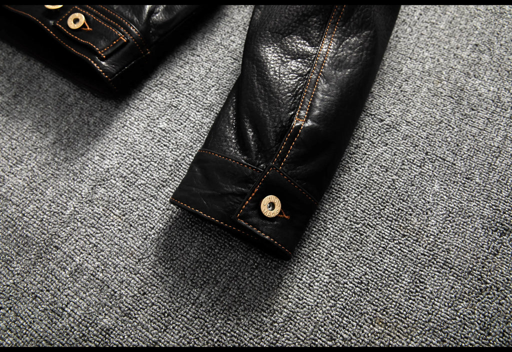 Men's Genuine Sheepskin Leather Trucker Jacket Black Type III Denim Cut Cream Contrast Stitch Brass Snap Short Casual Coat
