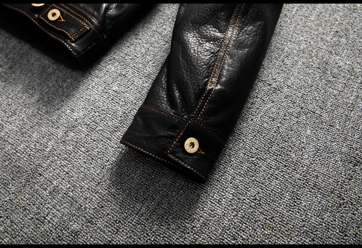 Men's Genuine Sheepskin Leather Trucker Jacket Black Type III Denim Cut Cream Contrast Stitch Brass Snap Short Casual Coat