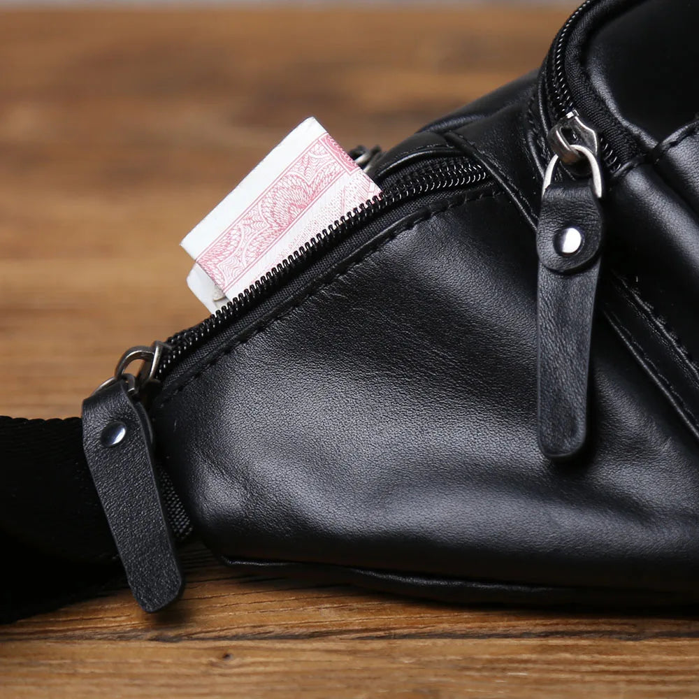 NZPJ Men's Genuine Leather Chest Bag - Top-Grain Cowhide Waist Bag / Crossbody Bag with Multiple Compartments & Phone Pocket
