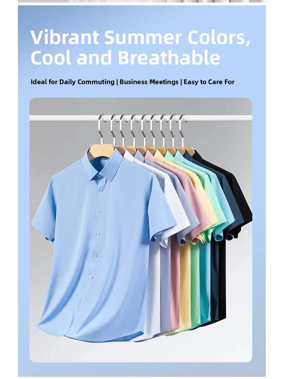 Iron-Free Ice Silk Modal Men's Business Style Slim Fit Short Sleeve Shirt Pure Color Breathable Comfortable Office Work Shirt