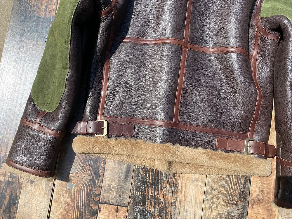 Dark Brown Winter Shearling Jacket Men Retro Style Plus Size 6XL Genuine Natural Thick Sheepskin Turn-Down Collar Flight Coat