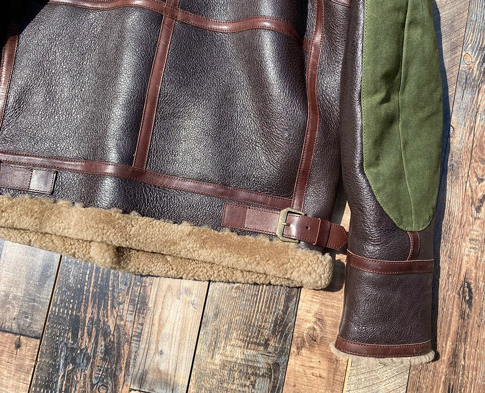 Dark Brown Winter Shearling Jacket Men Retro Style Plus Size 6XL Genuine Natural Thick Sheepskin Turn-Down Collar Flight Coat