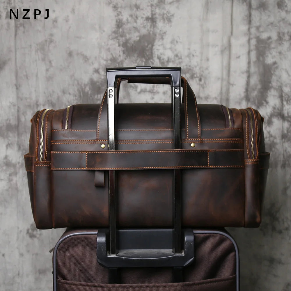 NZPJ Retro Men's Genuine Leather Travel Bag Crazy Horse Leather Large Capacity  Crossbody  Top-Grain Leather Handbag