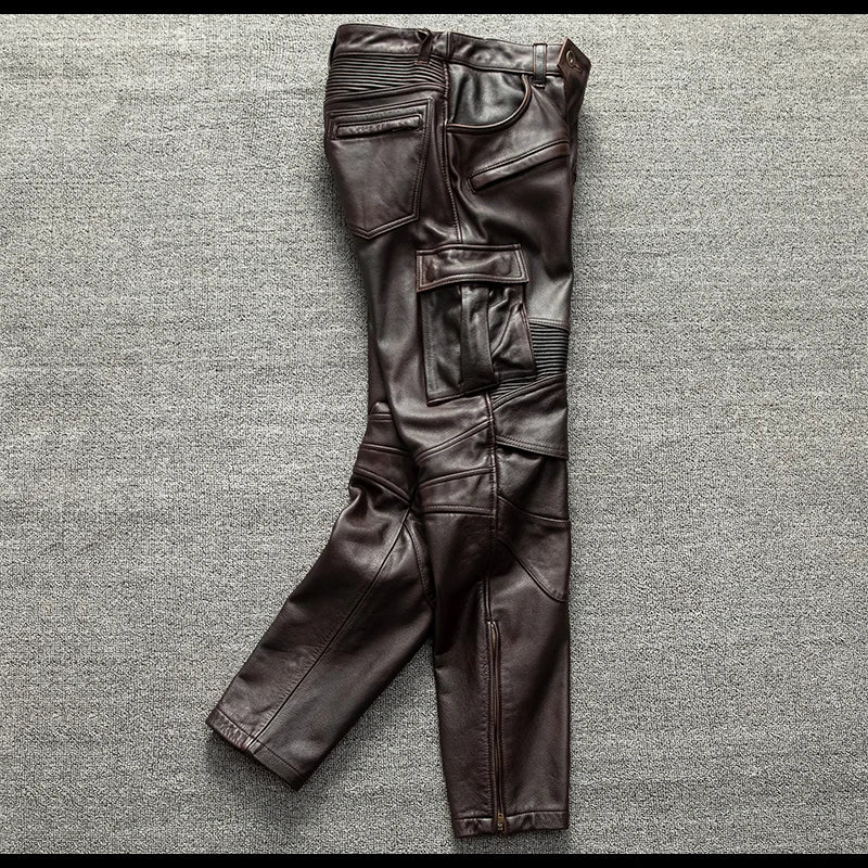 Red Brown Long Winter Leather Trousers Men Vintage Style Plus Size 5XL Genuine Natural Cowhide Motorcycle Leather Pants