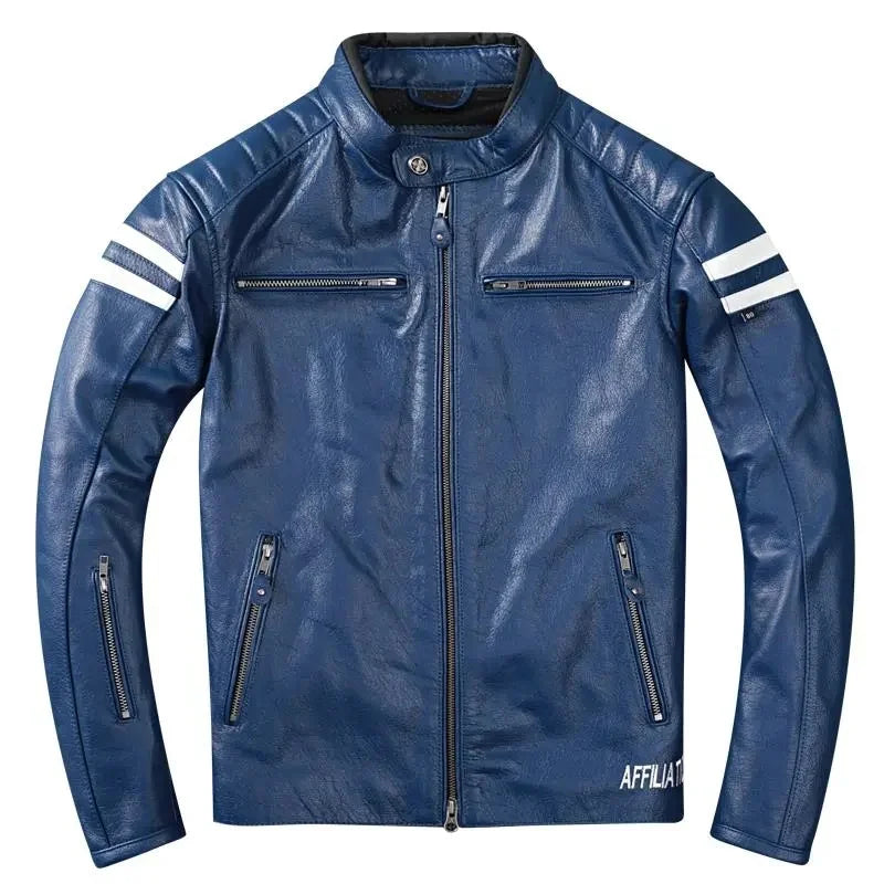 Blue Spring Leather Jacket Men Sports Style Plus Size 3XL Genuine Natural Cowhide Stand Collar Slim Fit Leather Coat