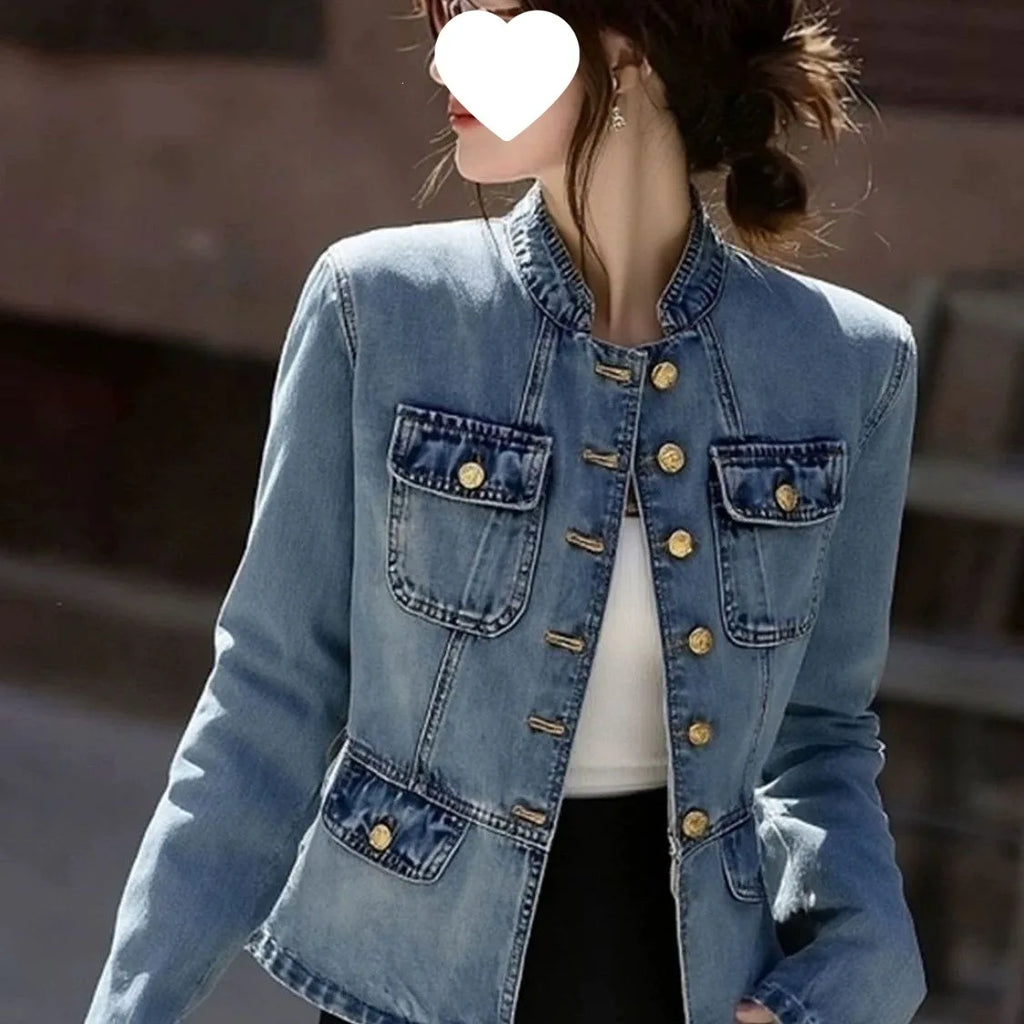 Stylish Unique Blue Denim Jacket Cool And Trendy Korean Style Autumn Winter Casual Long Sleeve Polo Collar Jeans Coat