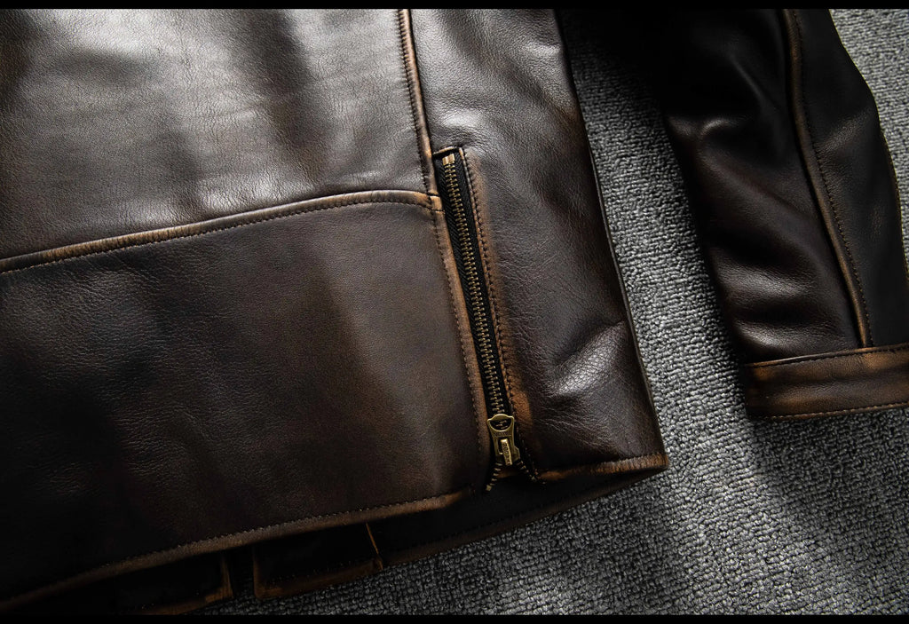 Dark Brown Autumn Leather Jacket Men Retro Style Plus Size 6XL Genuine Natural Cowhide Stand Collar J100 Motorcycle Sports Coat