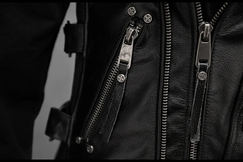 Men Red Brown Leather Biker Vest Vintage Distressed Asymmetrical Zip Sleeveless Jacket Punk Rock Studded Multi-Pocket Waistcoat