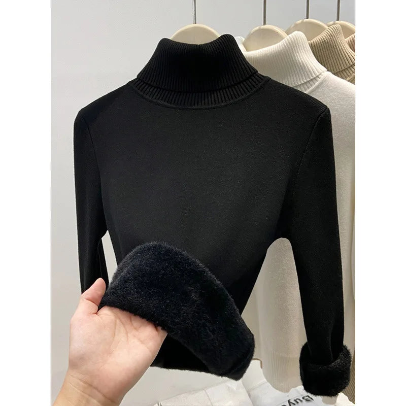 Thickened High Collar One-Piece Fleece Knitted Sweater Women Winter Slim Fit Inner Wear Fashionable Basic Style Base Shirt