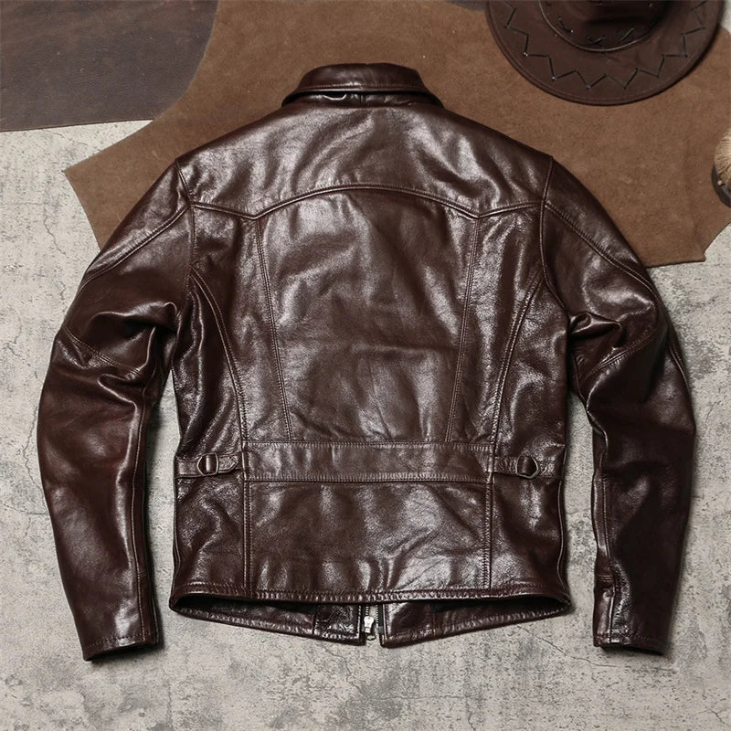 Dark Brown Spring Leather Jacket Men Casual Style Plus Size 4XL Genuine Natural Sheepskin Turn-Down Collar Slim Fit Retro Coat