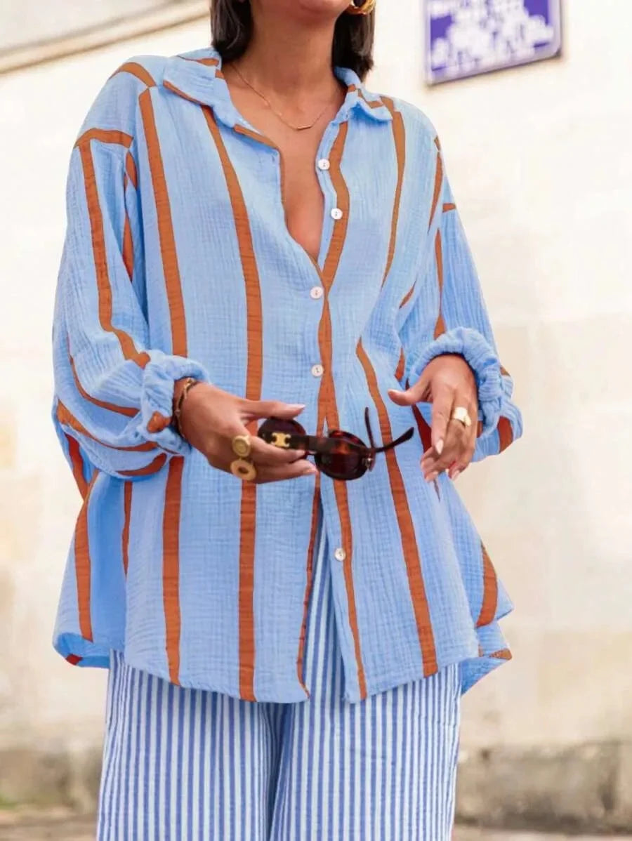 Women's Long Sleeve Button Cardigan Striped Shirt Slim Fit Polo Collar Full Length Autumn Winter New Style Cross Border Independ